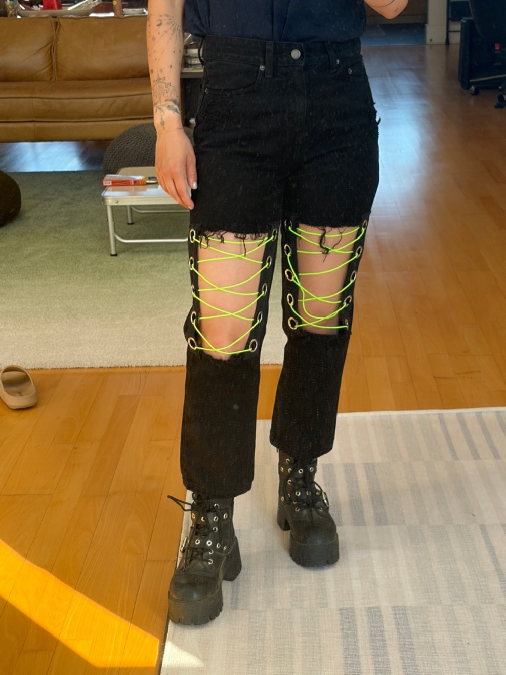 Carmar Black Boyfriend Jeans with Neon Green Lace-Up Knees